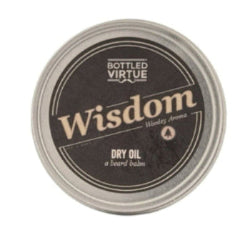 Bottle of 'Wisdom' dry oil for beard balm with 'Bottled Virtue' branding on a white background